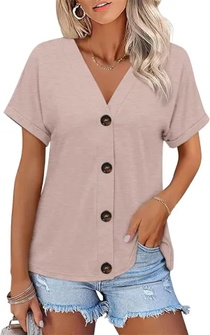 Womens Summer Tops Short Sleeve Button Down Shirts Casual V Neck T Shirts Trendy Tunic Tops