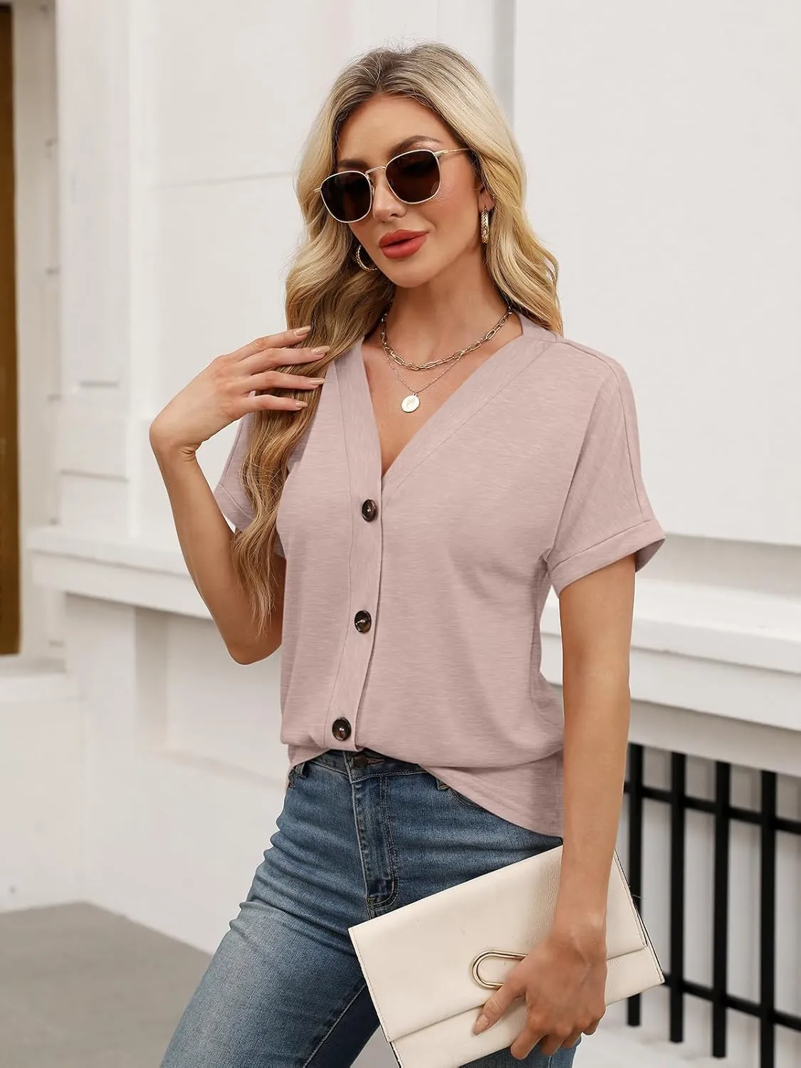 Womens Summer Tops Short Sleeve Button Down Shirts Casual V Neck T Shirts Trendy Tunic Tops