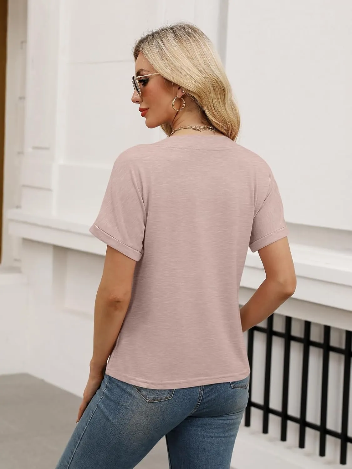 Womens Summer Tops Short Sleeve Button Down Shirts Casual V Neck T Shirts Trendy Tunic Tops
