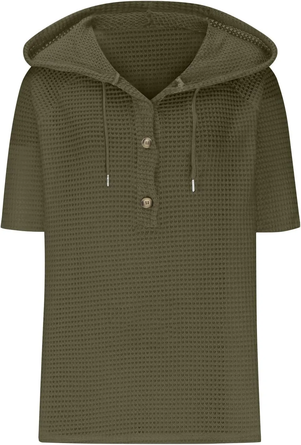Womens Summer Waffle Knit Short Sleeve Tops Lightweight Drawstring Hoodies Button V Neck Casual Blouse Hooded Shirts