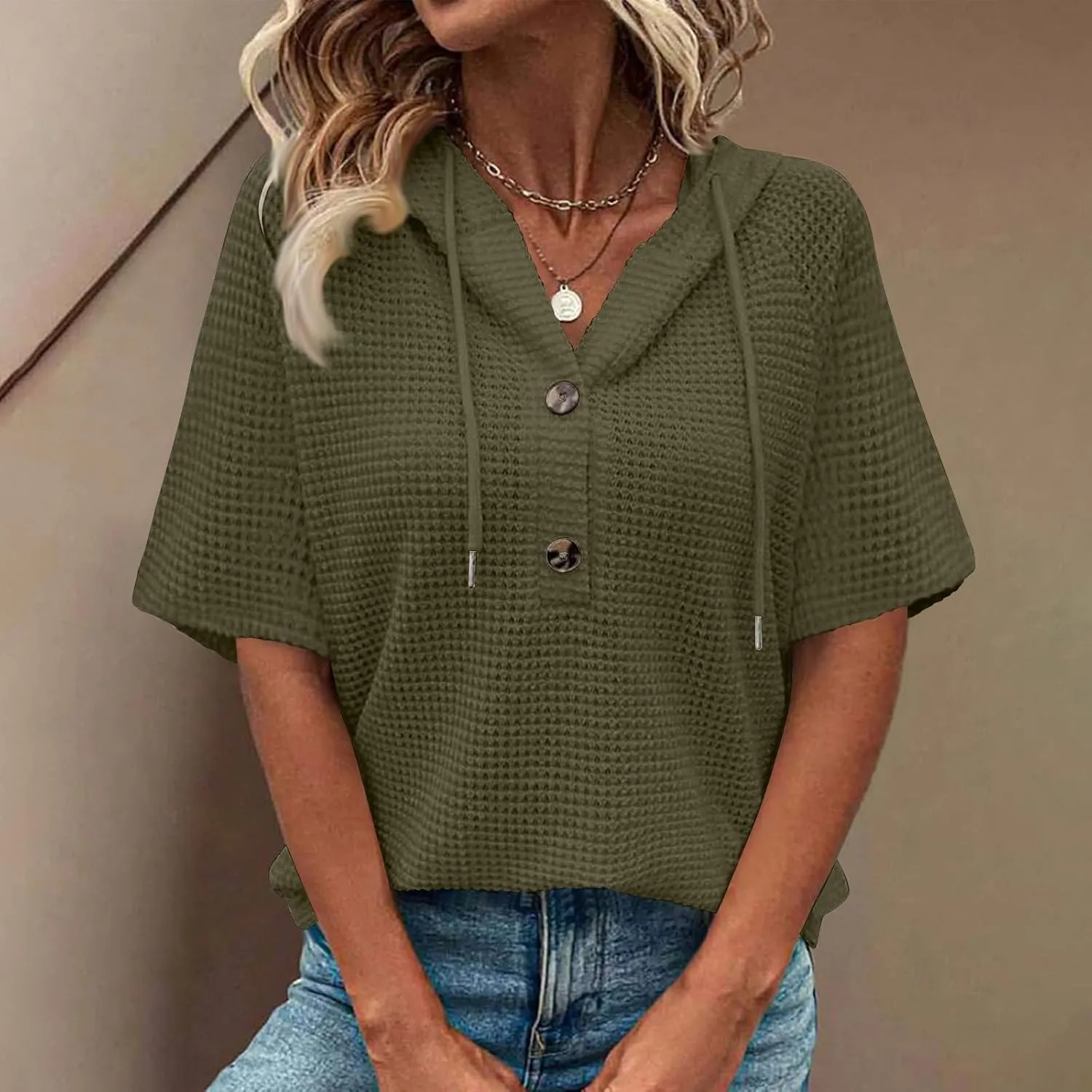 Womens Summer Waffle Knit Short Sleeve Tops Lightweight Drawstring Hoodies Button V Neck Casual Blouse Hooded Shirts