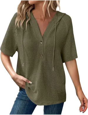 Womens Summer Waffle Knit Short Sleeve Tops Lightweight Drawstring Hoodies Button V Neck Casual Blouse Hooded Shirts