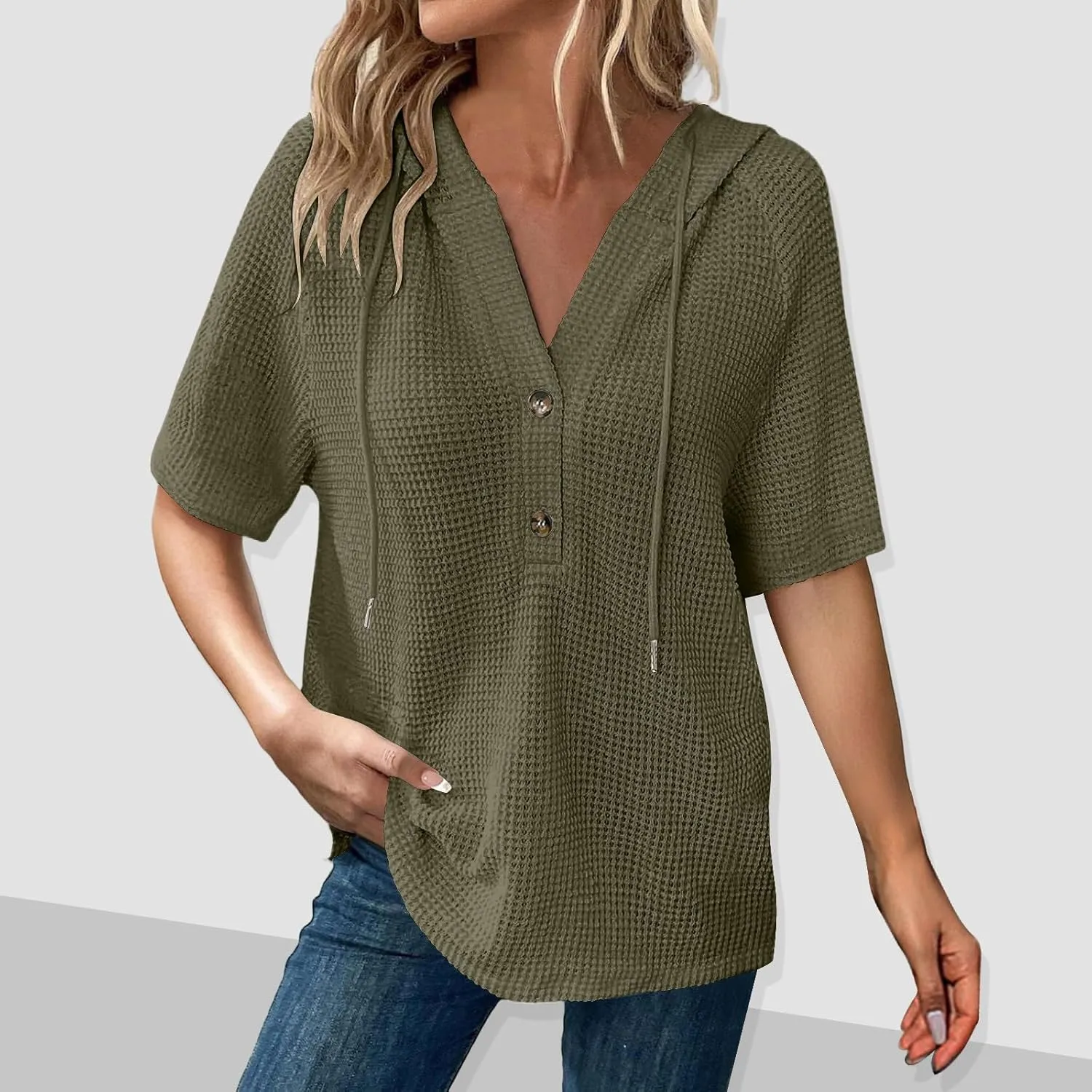 Womens Summer Waffle Knit Short Sleeve Tops Lightweight Drawstring Hoodies Button V Neck Casual Blouse Hooded Shirts