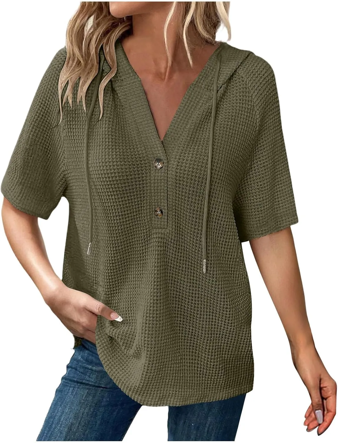 Womens Summer Waffle Knit Short Sleeve Tops Lightweight Drawstring Hoodies Button V Neck Casual Blouse Hooded Shirts