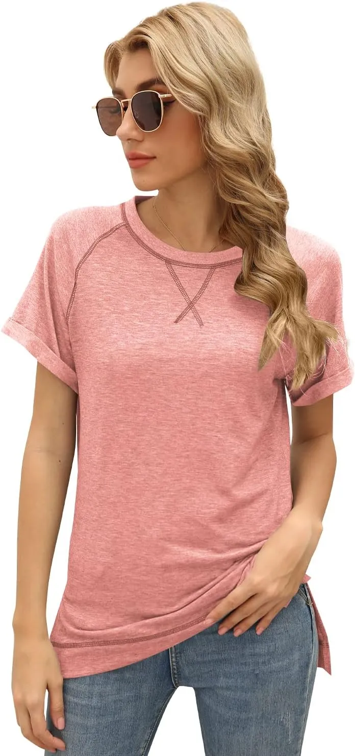 Womens Tops Crewneck Raglan Summer T Shirts Casual Short Sleeve Side Split Tee Shirts