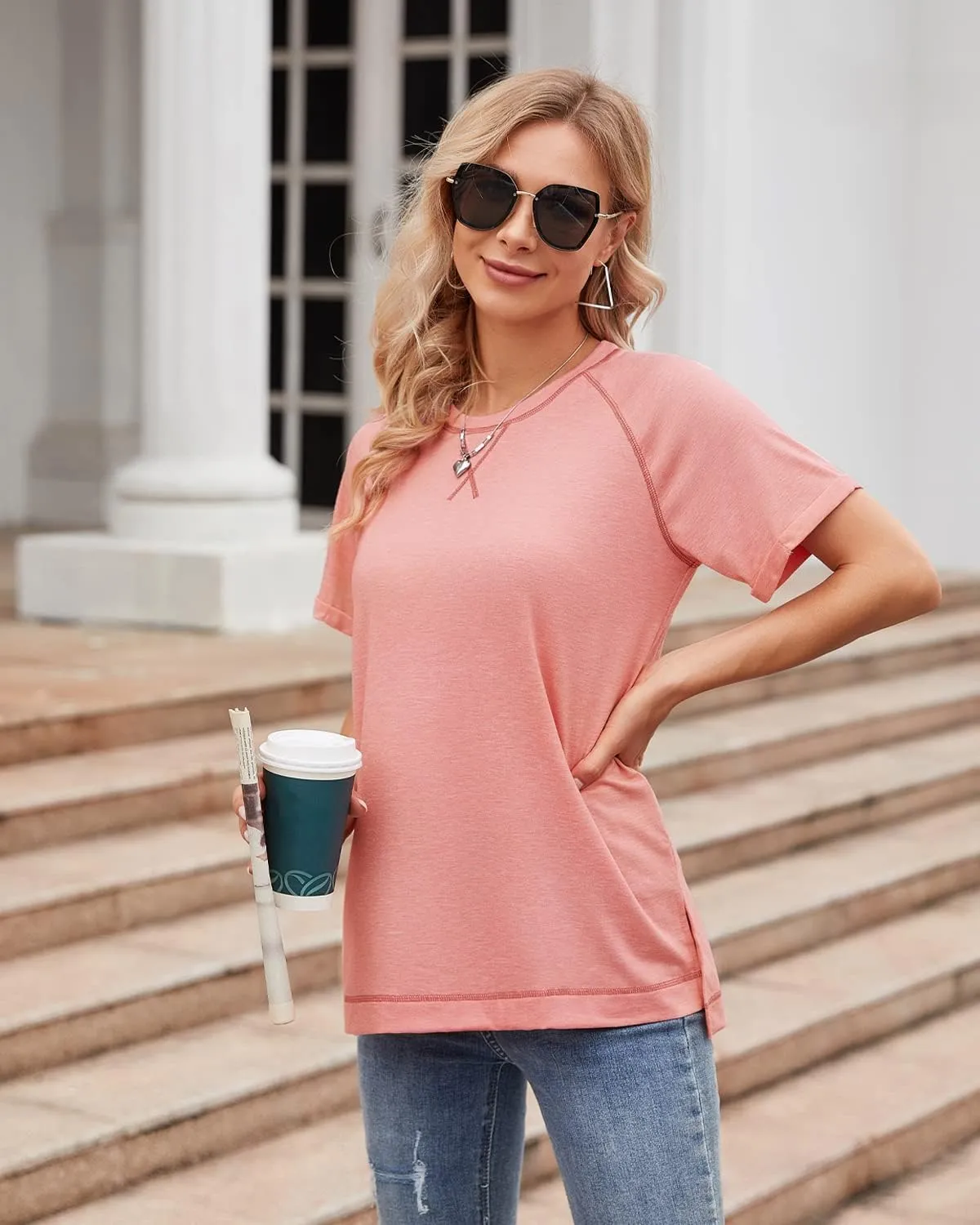 Womens Tops Crewneck Raglan Summer T Shirts Casual Short Sleeve Side Split Tee Shirts
