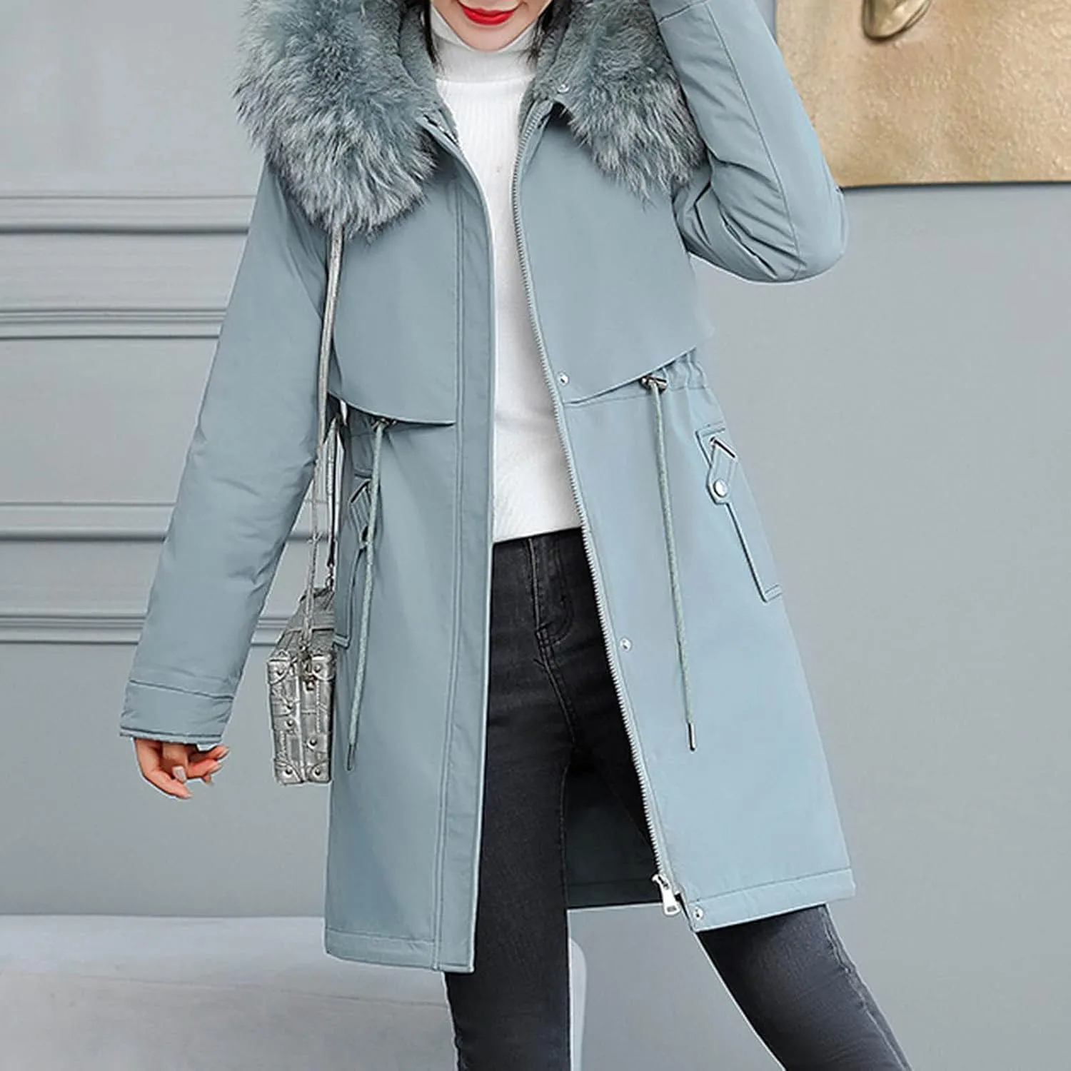 Women's Warm Fleece Parka Coats with Plush Hood Drawstring Waist Puffer Jackets Thicken Zip Down Winter Coat Plus Size