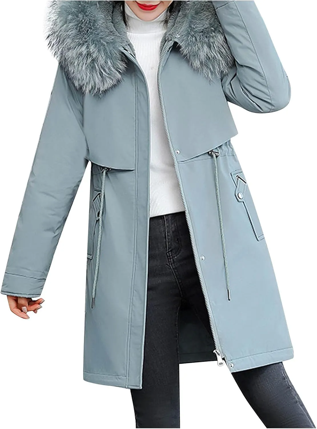 Women's Warm Fleece Parka Coats with Plush Hood Drawstring Waist Puffer Jackets Thicken Zip Down Winter Coat Plus Size