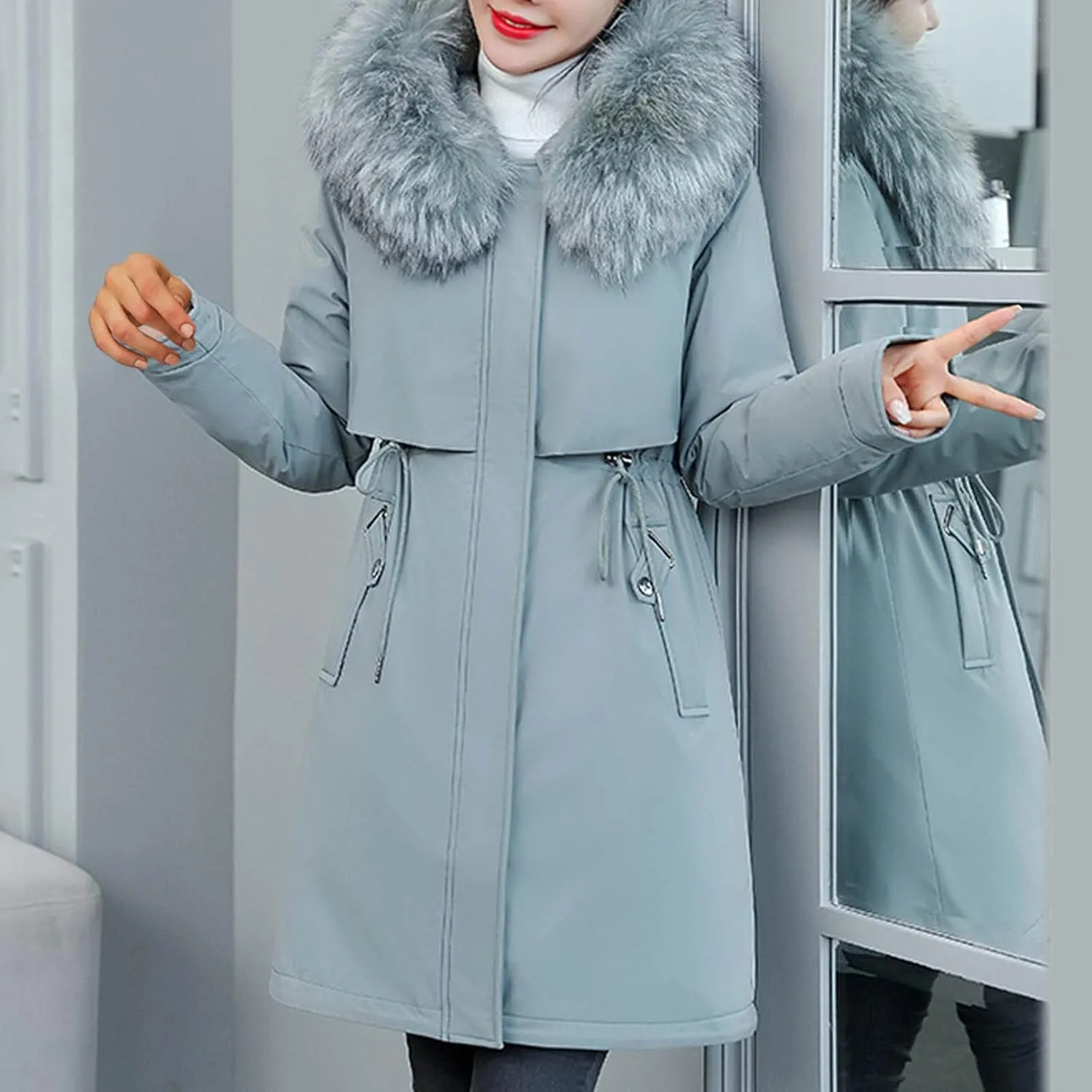 Women's Warm Fleece Parka Coats with Plush Hood Drawstring Waist Puffer Jackets Thicken Zip Down Winter Coat Plus Size