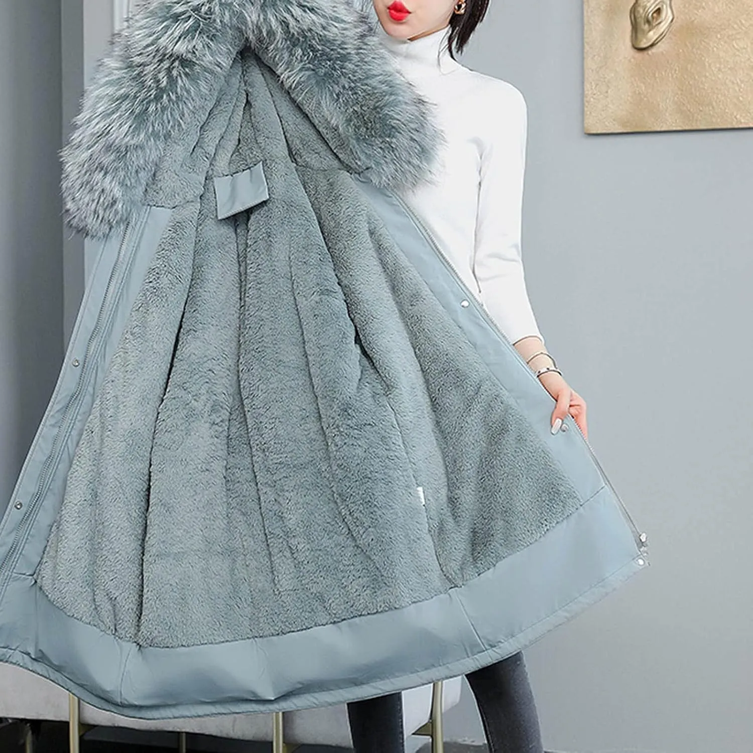 Women's Warm Fleece Parka Coats with Plush Hood Drawstring Waist Puffer Jackets Thicken Zip Down Winter Coat Plus Size