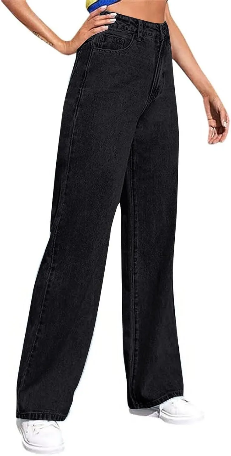 Women's Wide Leg Jeans Casual High Waisted Straight Leg Stretchy Denim Pants Lightweight Trendy Jeans with Pockets