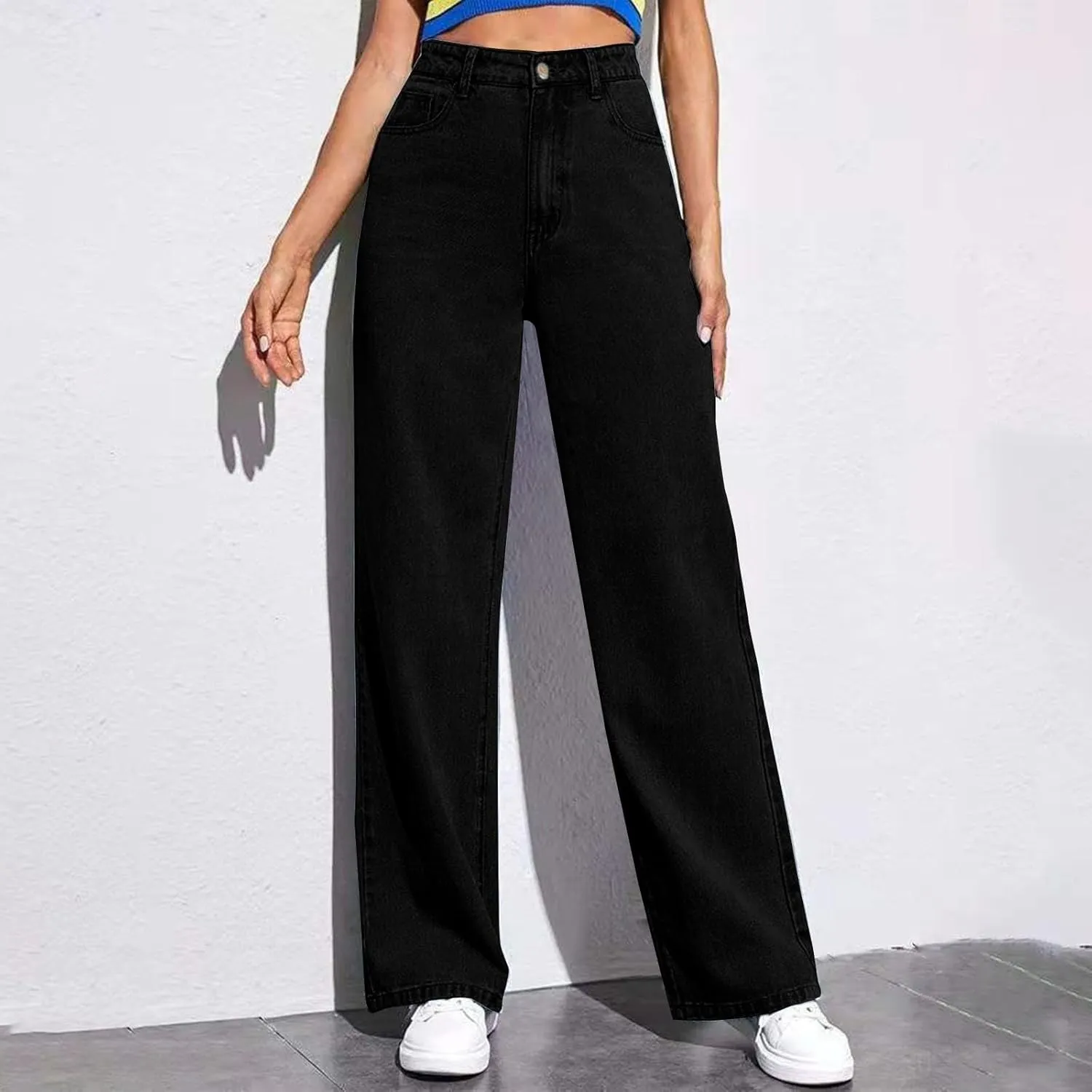 Women's Wide Leg Jeans Casual High Waisted Straight Leg Stretchy Denim Pants Lightweight Trendy Jeans with Pockets