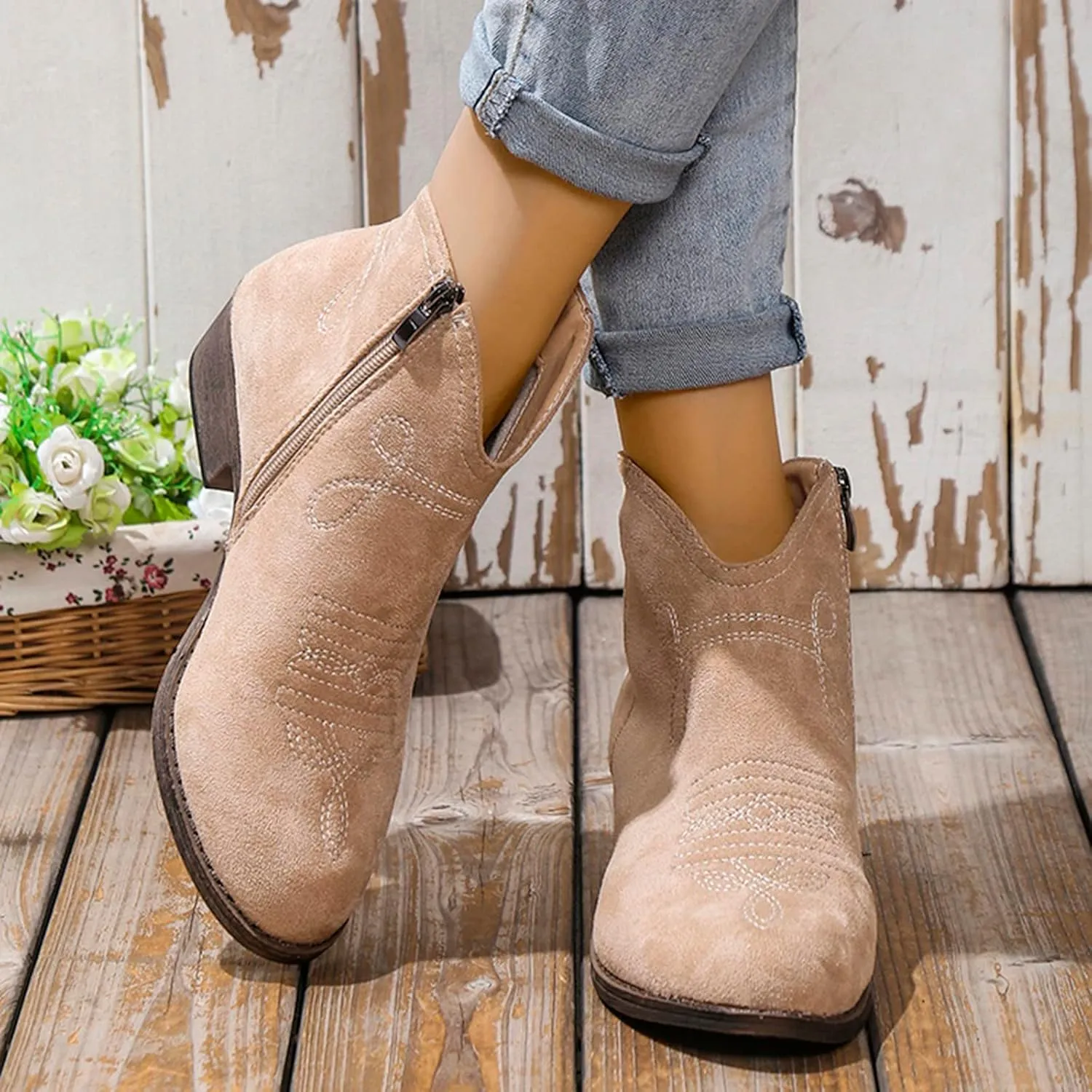 Work Boots for Women Ankle Black Flat Booties Boots Ankle Women Womens Work Boot Lightweight Breathable Slip on Pointed Toe Chunky Stacked Heel