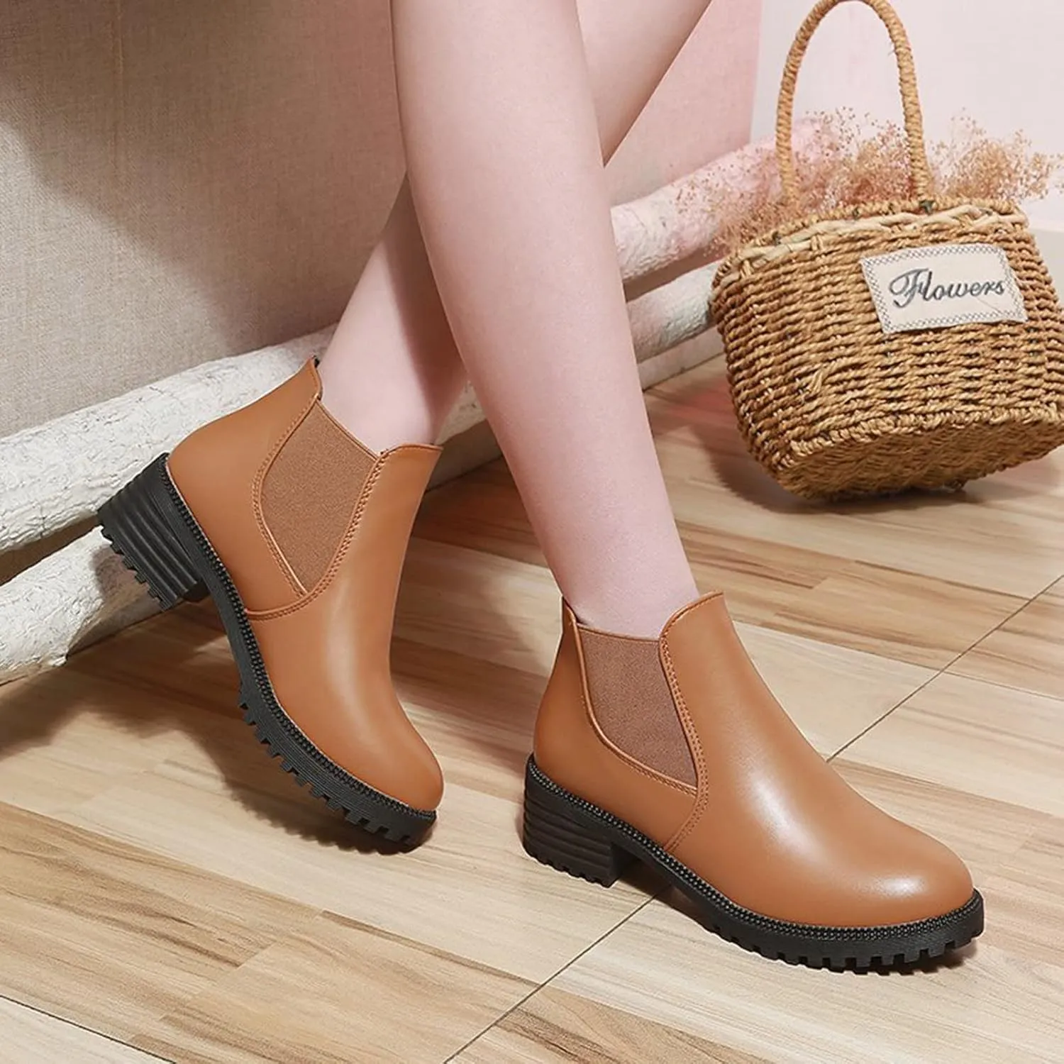 Work Boots for Women Ankle Platform Booties for Women Women's Casual Boots Womens Work Boot Lightweight Breathable Pointed Toe Stacked Mid Heel