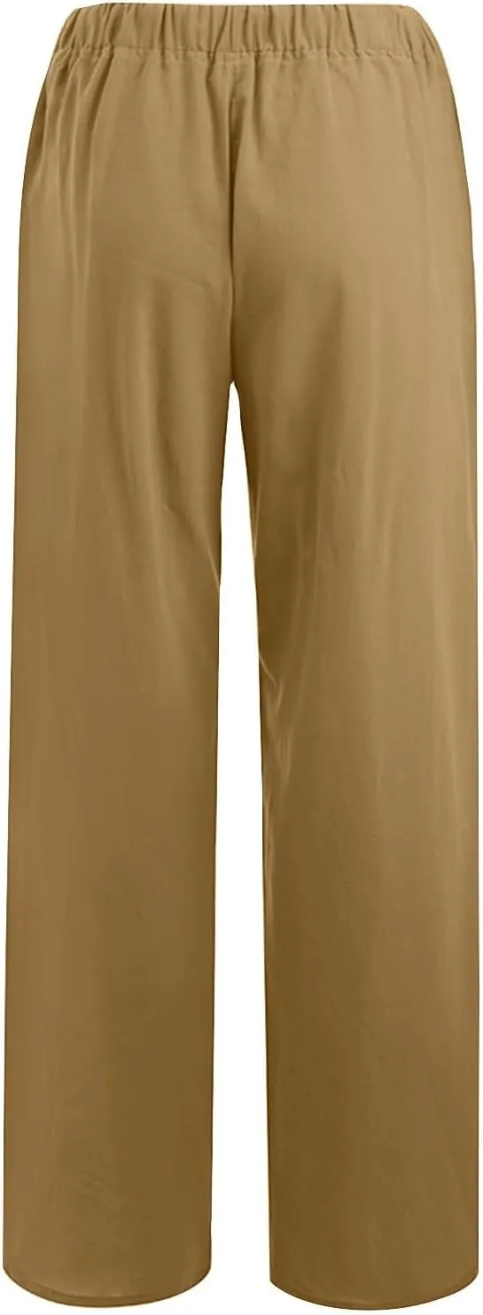 Xiaojmake Women's Summer Cotton Linen Pants Wide Leg Casual Drawstring High Waist Palazzo Pants Loose Trousers with Pocket