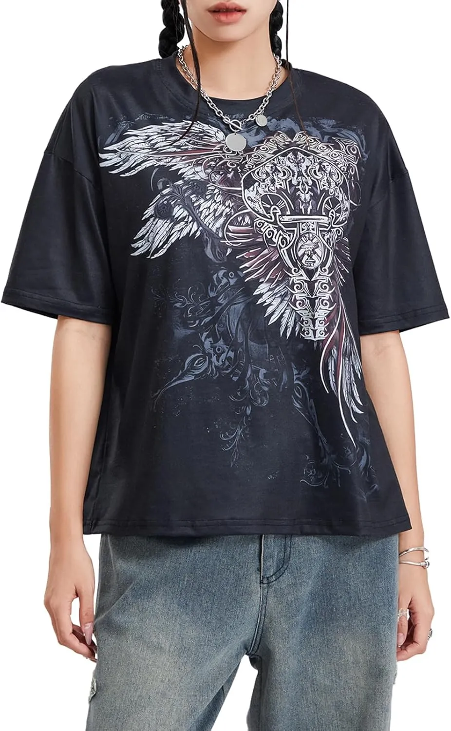 Y2K Grunge Graphic Tees for Women Short Sleeve Goth Top Aesthetic Fairy Grunge T Shirt E Girl Vintage Gothic Tees
