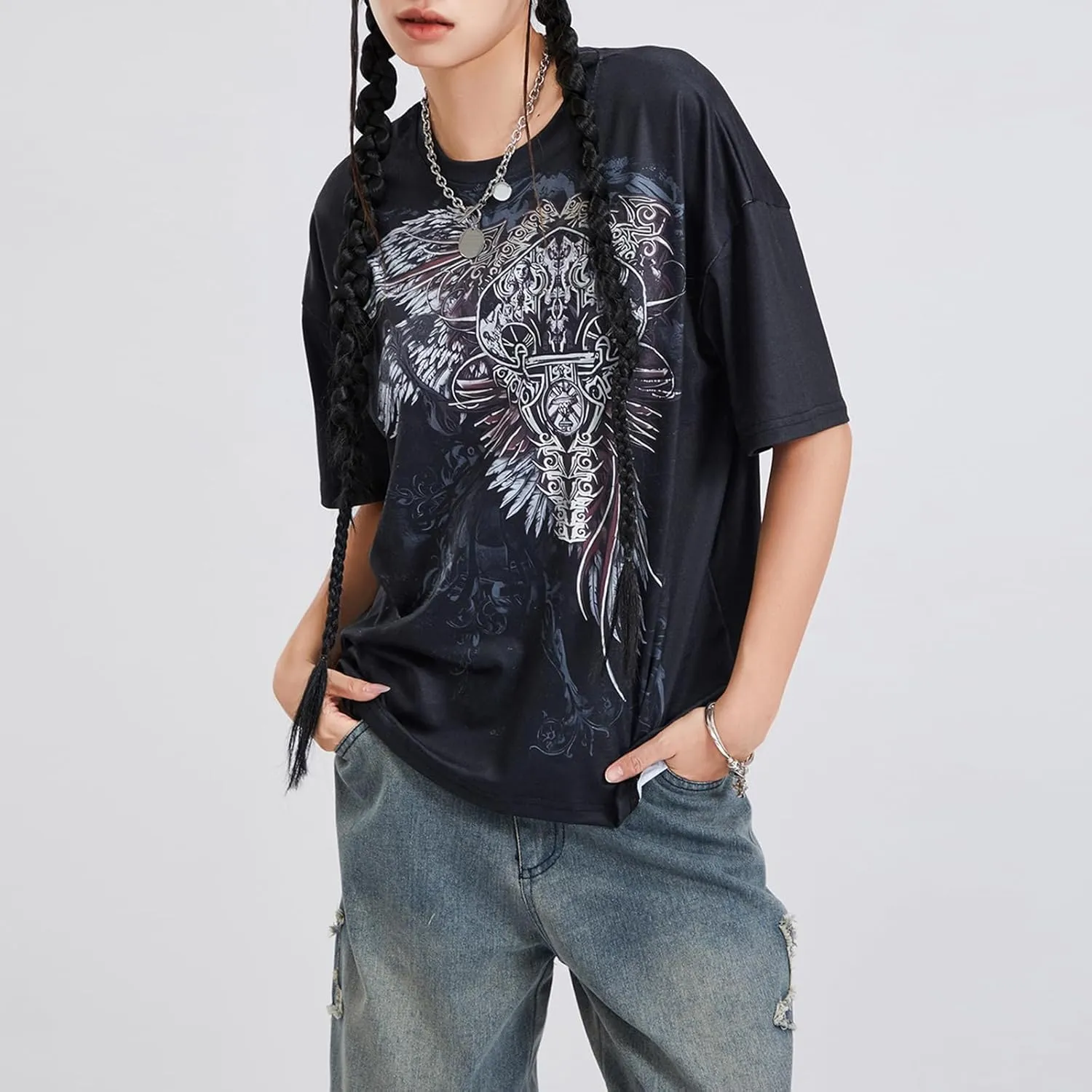 Y2K Grunge Graphic Tees for Women Short Sleeve Goth Top Aesthetic Fairy Grunge T Shirt E Girl Vintage Gothic Tees
