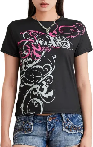 Y2k Shirts for Women Teens Girls 2000s Vintage Short Sleeve Shirt Tops Fairy Grunge Punk Goth Baggy Graphic Tees