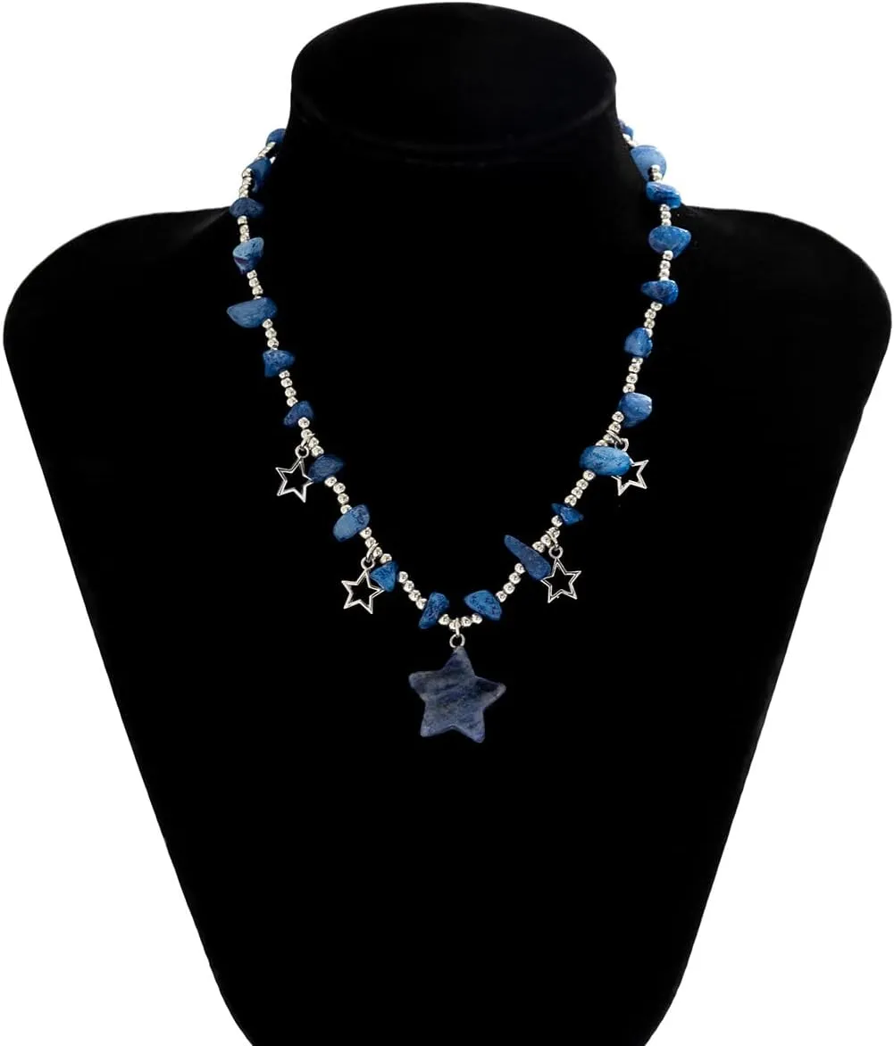 Y2K Star Crystal Charms Pendant Choker Necklace Irregular Crystal Stone Trendy Boho Chunky Star Jewelry Accessories