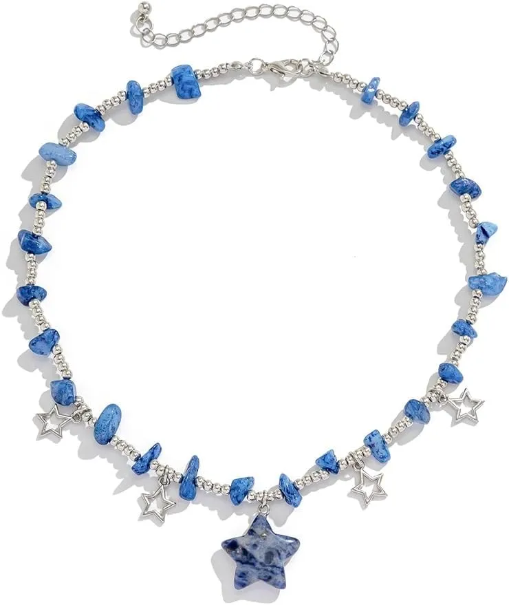 Y2K Star Crystal Charms Pendant Choker Necklace Irregular Crystal Stone Trendy Boho Chunky Star Jewelry Accessories