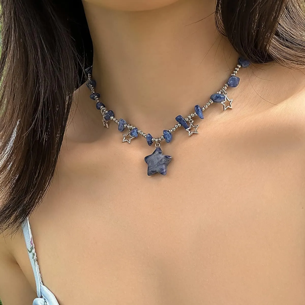 Y2K Star Crystal Charms Pendant Choker Necklace Irregular Crystal Stone Trendy Boho Chunky Star Jewelry Accessories