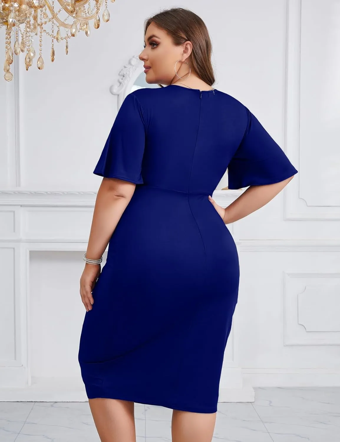 Z0MVA 2024 Plus Size 1X-4X Wrap V Neck Short Bell Sleeve Midi Dress for Cocktail Wedding Guest Formal Party Business