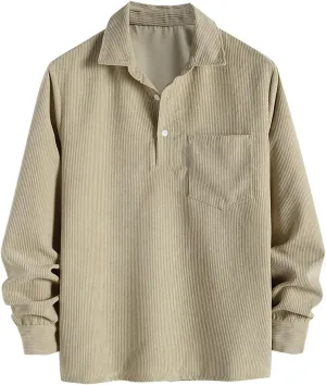 ZAFUL Men's Corduroy Shirts Solid Color 2024 Fall Half Button Long Sleeves Polo Shirt Casual Work Collared Shirt with Pocket