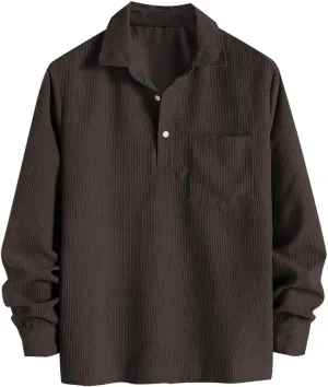 ZAFUL Men's Corduroy Shirts Solid Color 2024 Fall Half Button Long Sleeves Polo Shirt Casual Work Collared Shirt with Pocket