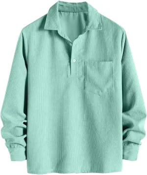 ZAFUL Men's Corduroy Shirts Solid Color 2024 Fall Half Button Long Sleeves Polo Shirt Casual Work Collared Shirt with Pocket