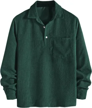 ZAFUL Men's Corduroy Shirts Solid Color 2024 Fall Half Button Long Sleeves Polo Shirt Casual Work Collared Shirt with Pocket