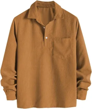ZAFUL Men's Corduroy Shirts Solid Color 2024 Fall Half Button Long Sleeves Polo Shirt Casual Work Collared Shirt with Pocket
