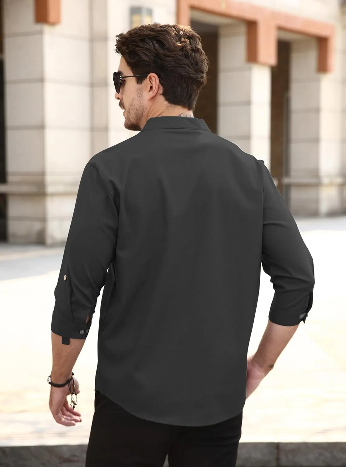 Zaitun Mens Cotton Linen Shirts Casual Buttons Down Roll-Up Sleeve Shirt Summer Chinese Style T-Shirts