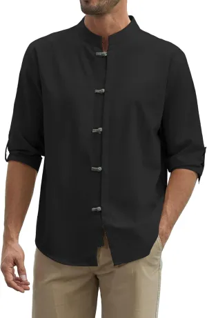 Zaitun Mens Cotton Linen Shirts Casual Buttons Down Roll-Up Sleeve Shirt Summer Chinese Style T-Shirts