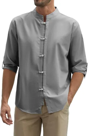 Zaitun Mens Cotton Linen Shirts Casual Buttons Down Roll-Up Sleeve Shirt Summer Chinese Style T-Shirts