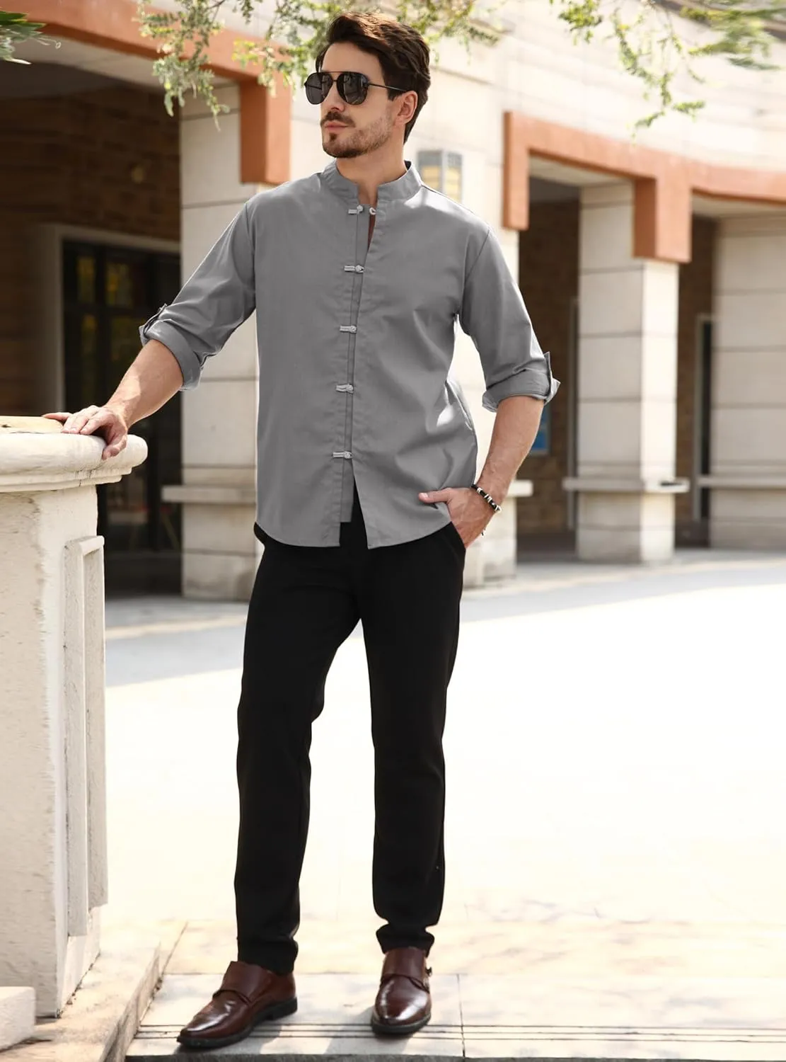 Zaitun Mens Cotton Linen Shirts Casual Buttons Down Roll-Up Sleeve Shirt Summer Chinese Style T-Shirts