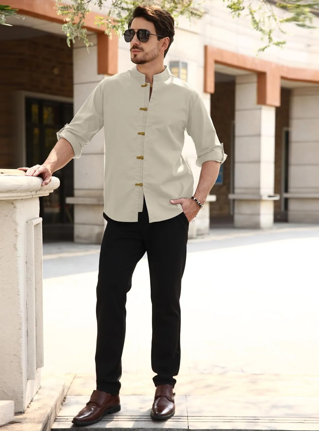 Zaitun Mens Cotton Linen Shirts Casual Buttons Down Roll-Up Sleeve Shirt Summer Chinese Style T-Shirts