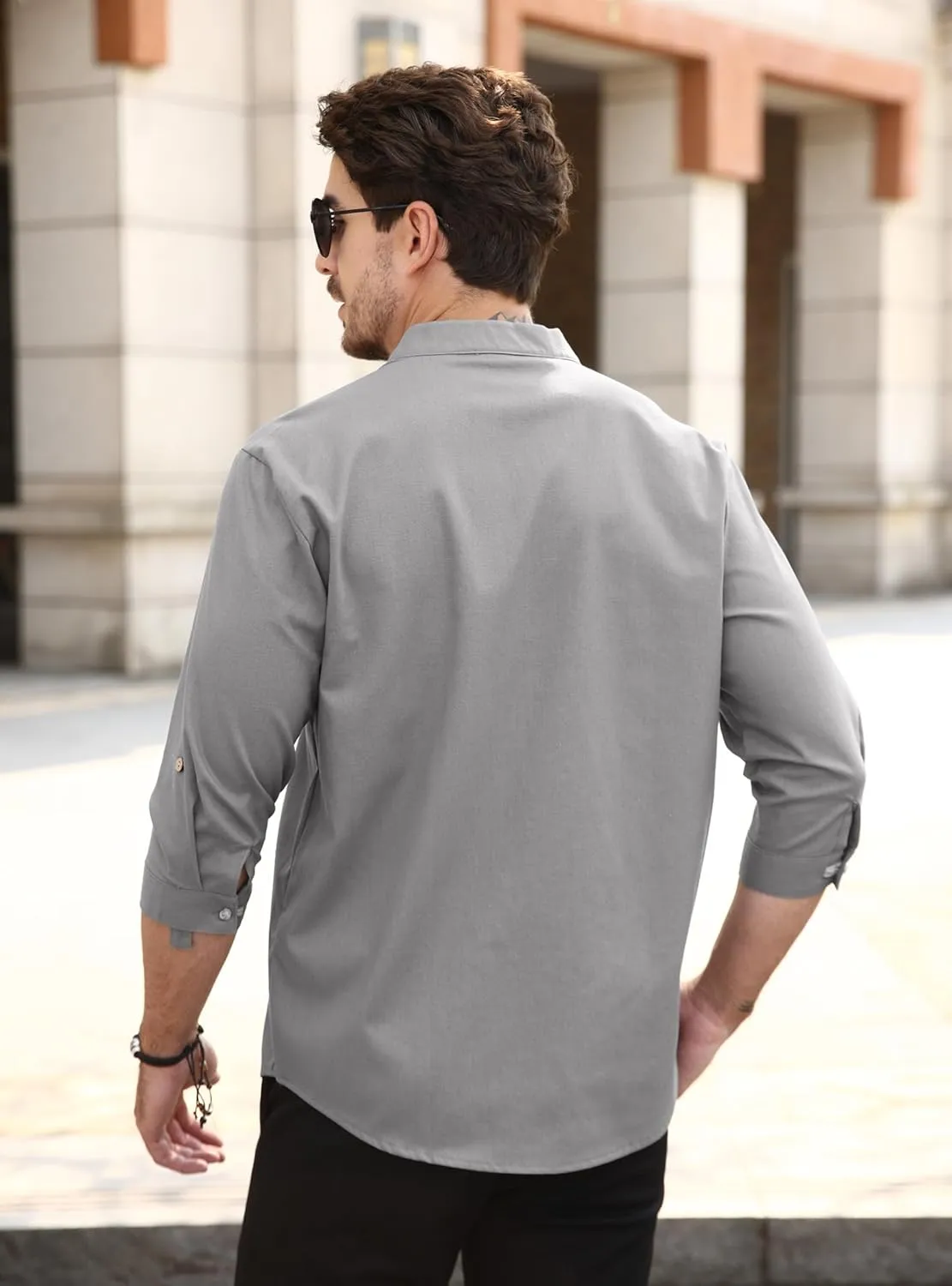 Zaitun Mens Cotton Linen Shirts Casual Buttons Down Roll-Up Sleeve Shirt Summer Chinese Style T-Shirts