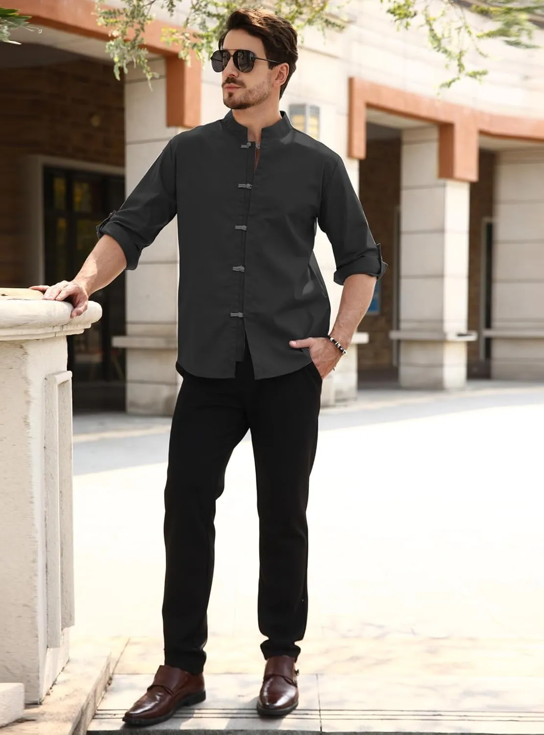 Zaitun Mens Cotton Linen Shirts Casual Buttons Down Roll-Up Sleeve Shirt Summer Chinese Style T-Shirts