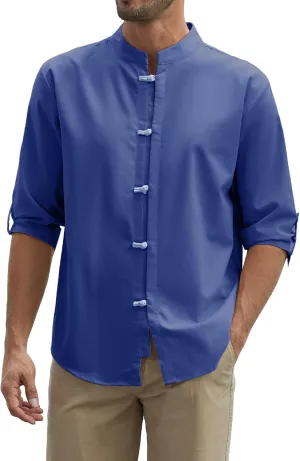 Zaitun Mens Cotton Linen Shirts Casual Buttons Down Roll-Up Sleeve Shirt Summer Chinese Style T-Shirts