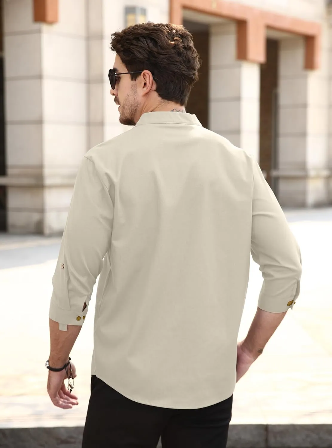 Zaitun Mens Cotton Linen Shirts Casual Buttons Down Roll-Up Sleeve Shirt Summer Chinese Style T-Shirts