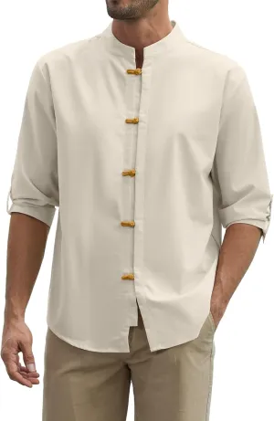 Zaitun Mens Cotton Linen Shirts Casual Buttons Down Roll-Up Sleeve Shirt Summer Chinese Style T-Shirts