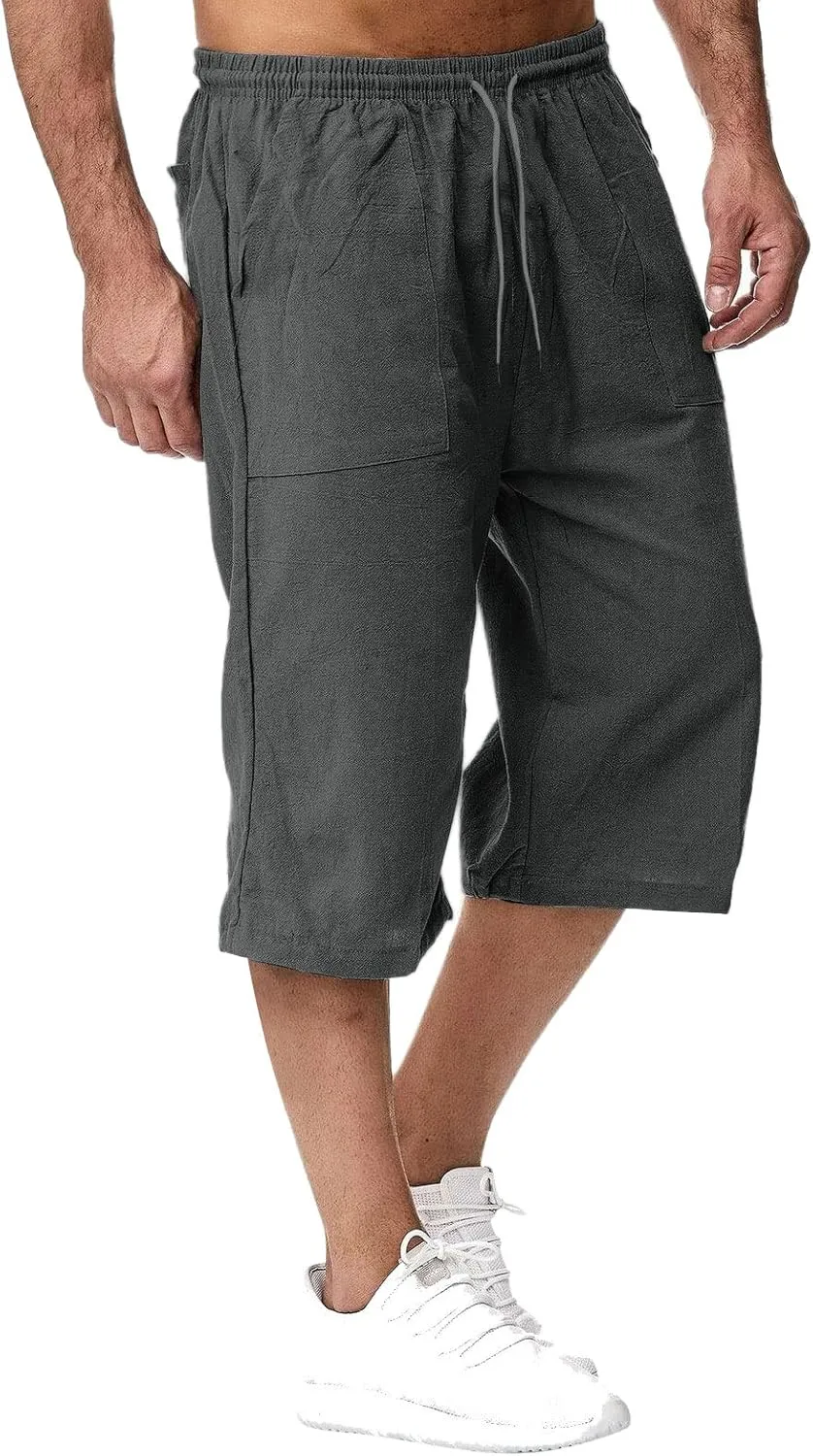 ZWRXW Men's Long Linen Shorts Casual Summer Beach Below Knee Length Pocketed 3/4 Drawstring Capri Pant