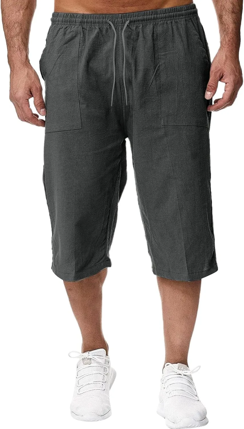 ZWRXW Men's Long Linen Shorts Casual Summer Beach Below Knee Length Pocketed 3/4 Drawstring Capri Pant