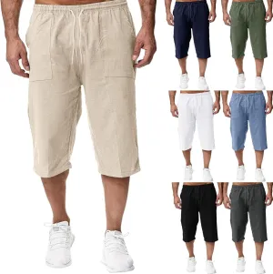 ZWRXW Men's Long Linen Shorts Casual Summer Beach Below Knee Length Pocketed 3/4 Drawstring Capri Pant