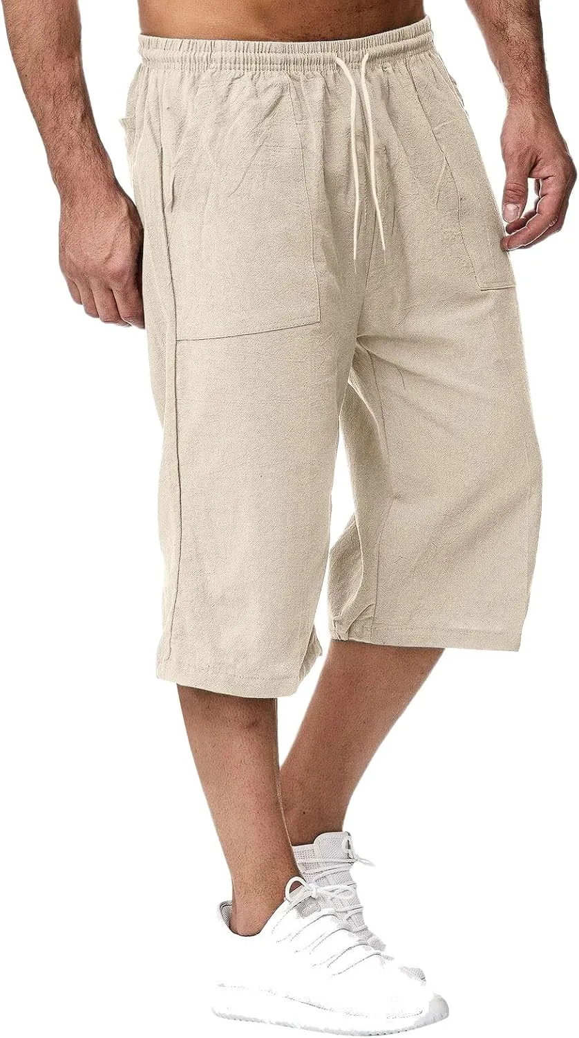 ZWRXW Men's Long Linen Shorts Casual Summer Beach Below Knee Length Pocketed 3/4 Drawstring Capri Pant