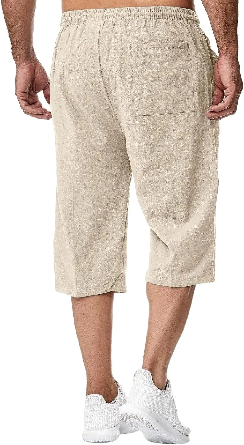 ZWRXW Men's Long Linen Shorts Casual Summer Beach Below Knee Length Pocketed 3/4 Drawstring Capri Pant