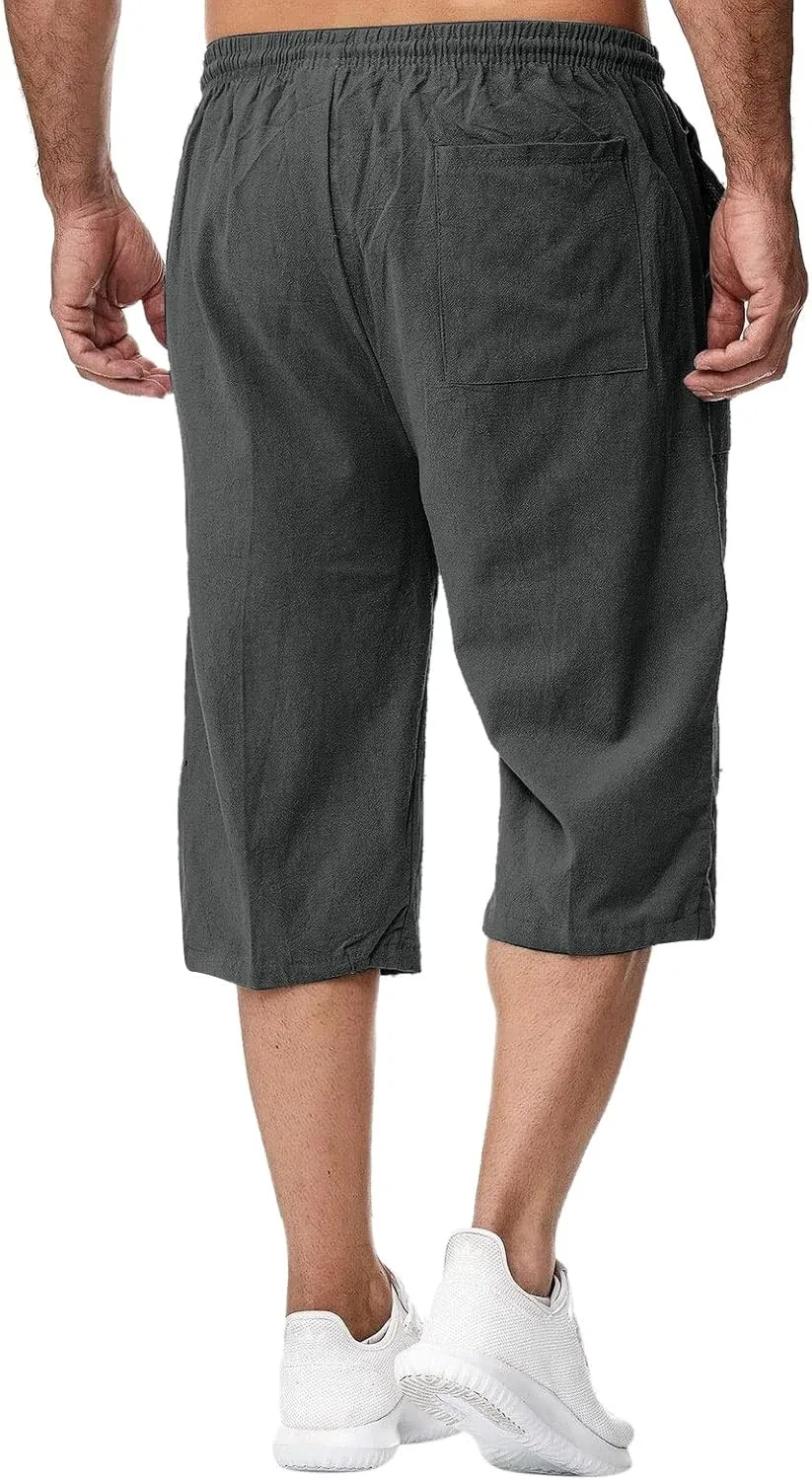 ZWRXW Men's Long Linen Shorts Casual Summer Beach Below Knee Length Pocketed 3/4 Drawstring Capri Pant