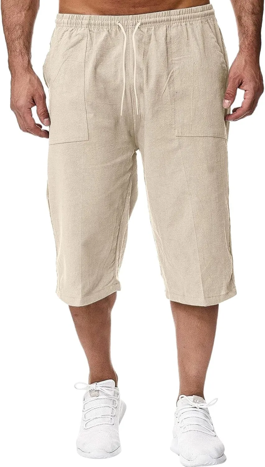 ZWRXW Men's Long Linen Shorts Casual Summer Beach Below Knee Length Pocketed 3/4 Drawstring Capri Pant