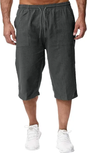 ZWRXW Men's Long Linen Shorts Casual Summer Beach Below Knee Length Pocketed 3/4 Drawstring Capri Pant
